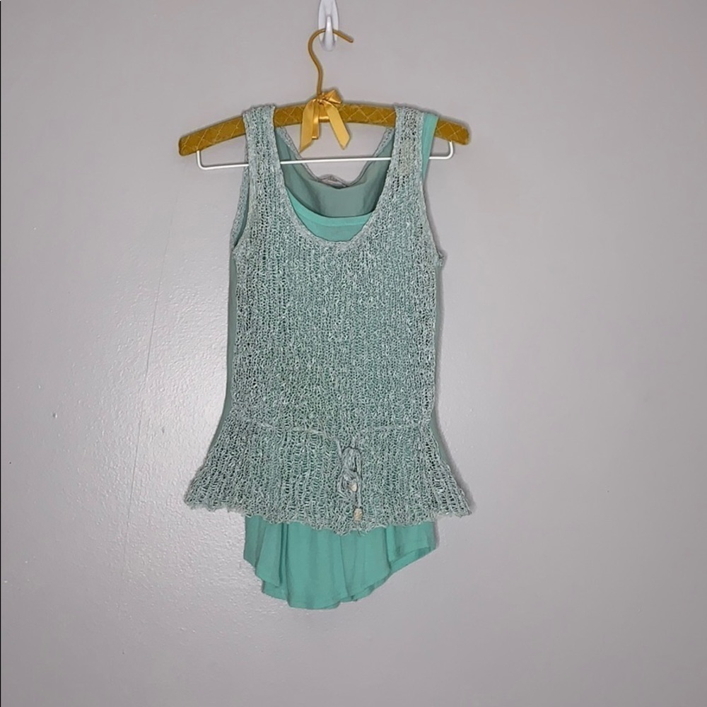 Vintage Tiffany Blue Sea-foam Green Mermaid layer Net knit weave Tank Top small